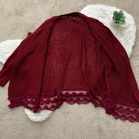 New Directions Maroon Open Front Lace Cardigan- M - Picture 4 of 11